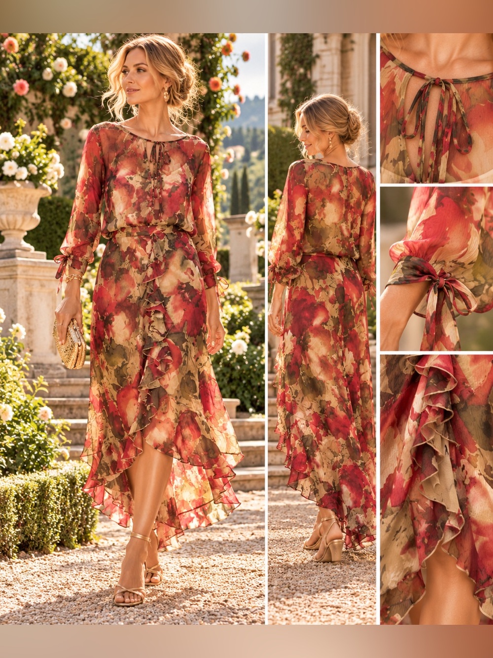 Olsen Europe Romantic Red Floral Silk High-Low Ruffle Dress